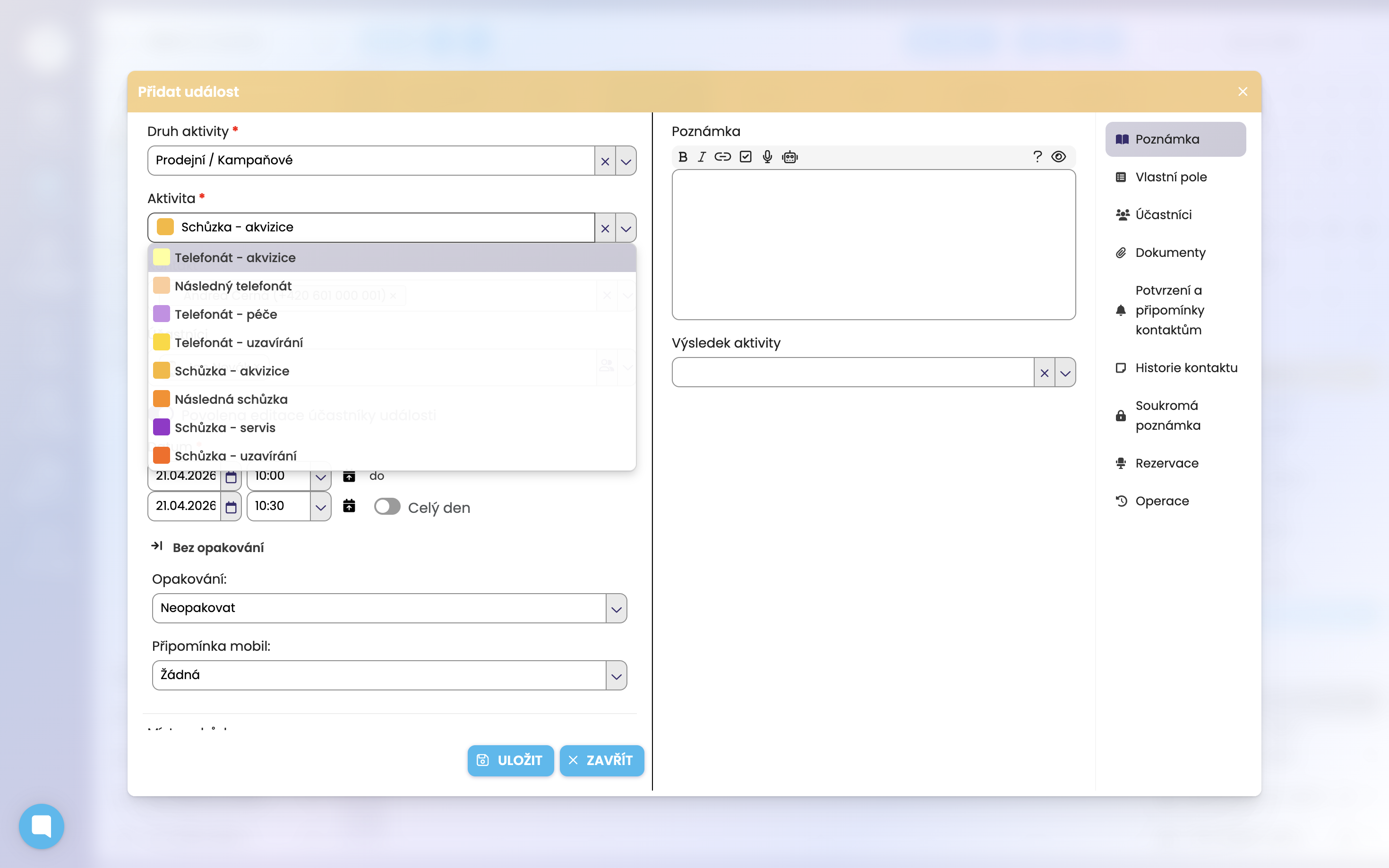 CRM kalendář FreshFlow – vlastní názvy aktivit