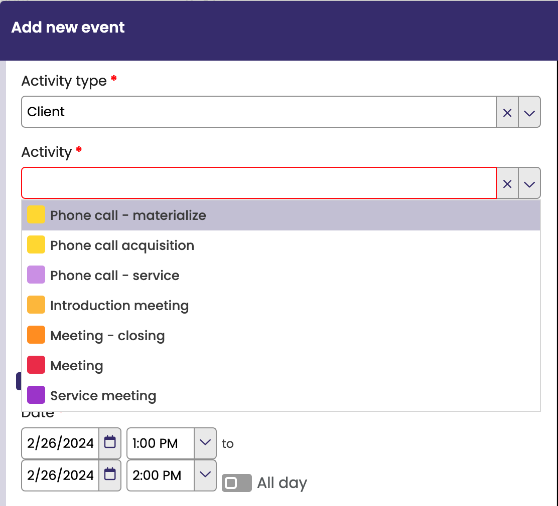 calendar activities menu